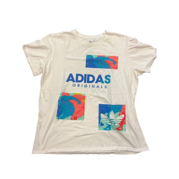 Adidas T Shirt 100 % Cotton 90s Print White Short Sleeve Crew Neck Size Large - Picture 1 of 5